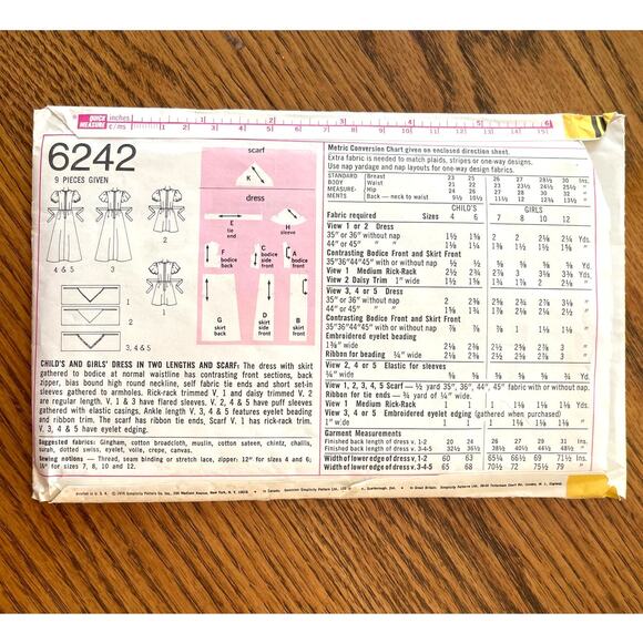 Vintage 1970s Simplicity 6242 Sewing Pattern Sz 6 Cottage Dress & Scarf COMPLETE - Picture 2 of 2